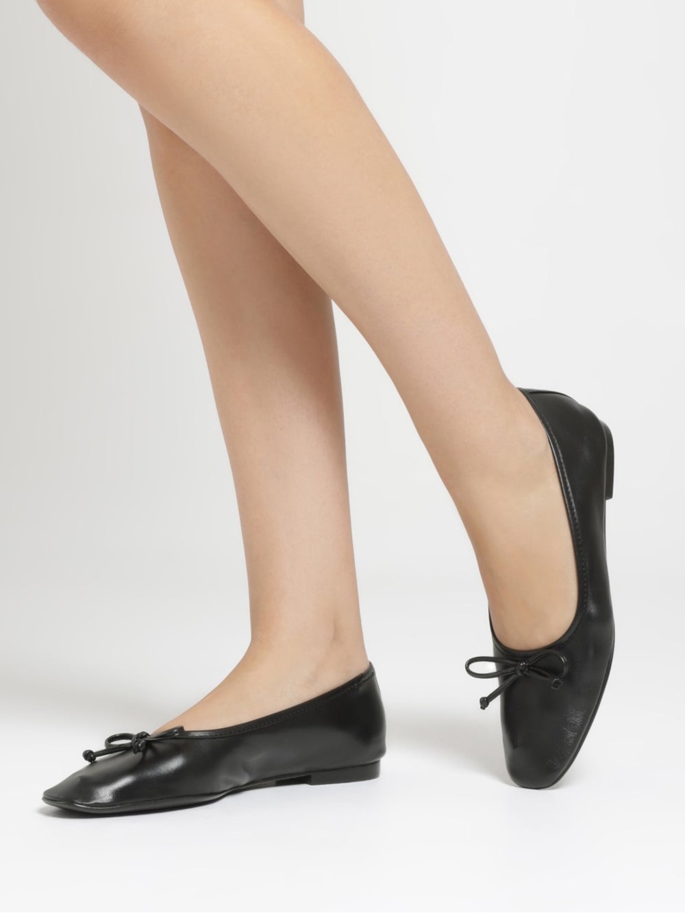 SCHUTZ Arissa Bow Accent Square-Toe Leather Ballet Flats